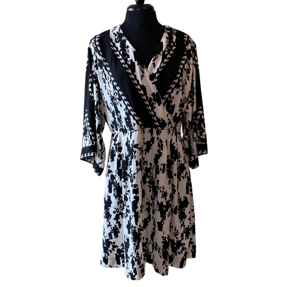CAbi Black and White Printed Wrap-Style Dress